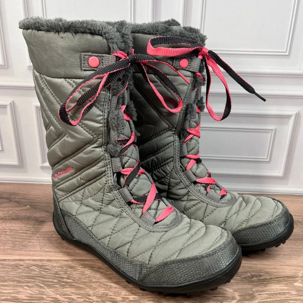 Columbia‎ Minx Mid III Snow Boots Big Girls Grey Pink Waterproof Quilted Size 3